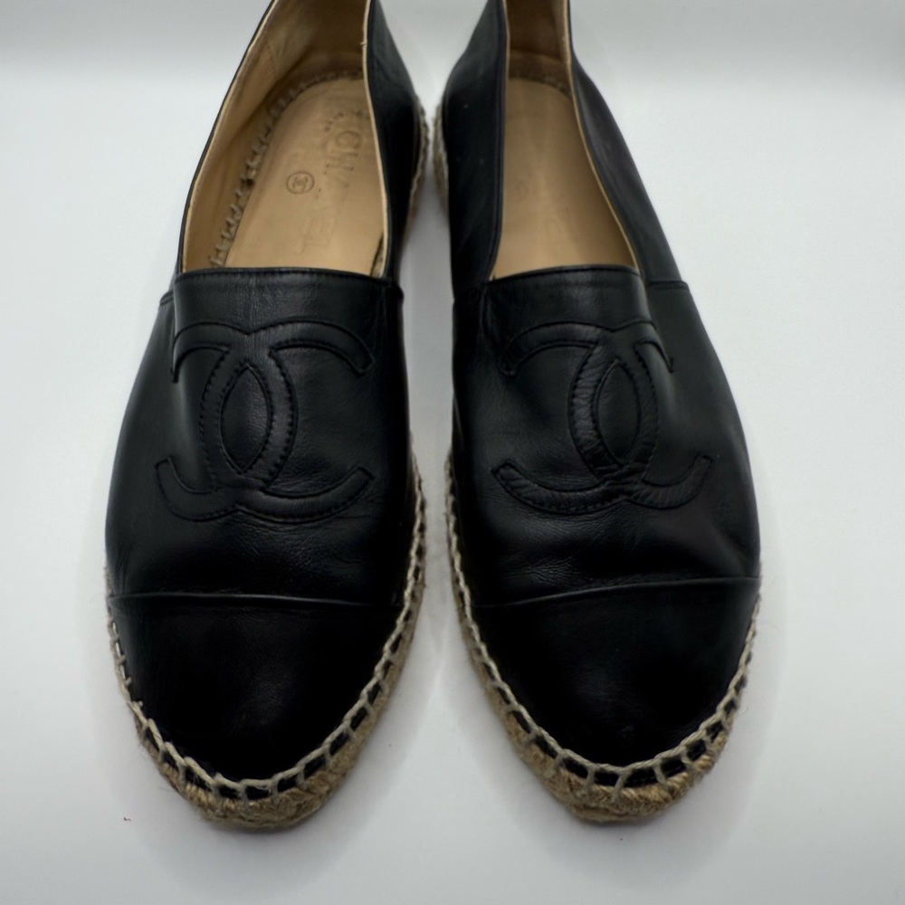 CHANEL Black Leather Espadrilles